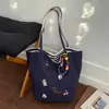 Bolso de Lona Nuevo Bordado de Perrito Cereza, Bolso de Hombro Rayado Doble Cara Simple y Versátil, Bolso Tote de Moda de Nicho para Mujeres