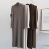 Cor Outono e Inverno Gola Alta Meio Listrado Tricô Saia Slim Fit Vestido Manga Longa para o Trabalho Cor Sólida Saia Base Coreana