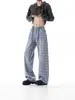 Jeans de Cuadros Azules para Hombre, Estilo Otoño, Pantalones de Trabajo Anchos Retro Americanos Geniales, Pantalones de Pierna Recta Acampanados Adelgazantes