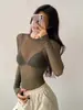 Mono Sexy Calado Transparente de Cuello Redondo Pequeño Ajustado de Manga Larga para Mujer en Otoño con Camiseta Sexy de Malla Ajustada