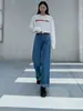 Novo estilo de verão, jeans tecido para mulheres petite, realça a altura 150cm, perna larga, cintura alta, jeans listrado azul escuro, comprimento total