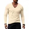 Camiseta Masculina Transfronteiriça 2025 Tops Transfronteiriços Camada Base Primavera e Outono Vestuário Masculino Europeu e Americano Gola V Cor Sólida Tamanho Grande Casual Manga Longa Roupa Masculina