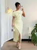 Vestido Midi Europeo Cruzado de Verano 2026 Nuevo de Hombros Descubiertos con Nudo Retorcido, Cintura Ceñida y Abertura, Elegante Vestido Largo Formal