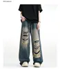 Jeans Rasgados Retrô Americanos para Homens, Verão Lavado, Desgastado, Solto Perna Larga Reta Comprimento Total Moderno Calças High Street