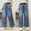 Jeans Estilo Étnico Bordado Pequena Flor Perna Larga para Mulheres Verão Cintura Elástica Perna Reta Versátil Casual Jeans Atacado