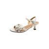 Sandalias de piel de oveja con flores para mujer, de verano 2024, con tacón medio fino, punta redonda y punta abierta, de piel y diamantes de imitación.