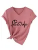 Amazon Ebay Site Independente Casual Confortável Versátil Feminina Palmeira Coração de Sol Eletrocardiograma Decote V Manga Curta Camiseta