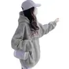 Moletom com capuz branco e cinza para mulheres, novo estilo primavera e outono 2026, jaqueta popular de manga comprida, forrado com fleece e espessado para outono e inverno