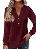 Roupas Femininas Plus Size Estilo Europeu e Americano Amazon Outono e Inverno Cor Sólida Elegante Manga Longa Decote V Botão Manga Curta Blusa Camiseta Estilosa para o Dia a Dia