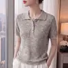 Estilo Old Money Vibe Relaxada Cor Mista Respirável Renda Vazada Gola Fold-Down Tricô Manga Curta Camiseta Top para Mulheres com Gola Polo para o Verão