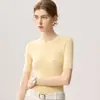 Camiseta de manga corta para mujer, cuello redondo, ajuste ceñido, de hilo Yangzi 100% lana de hilado fino, top de punto suave y cómodo