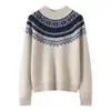 Suéter de cachemira para mujer de cuello medio alto con jacquard Fair Isle, nuevo diseño de invierno, elegante, holgado y cálido