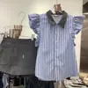 Camisa de Verano Nueva Estilo Coreano con Diseño de Cuello Rayas Mangas Cortas Volantes Pequeñas Volantes Top para Mujer Transfronterizo Dulce y Juvenil
