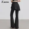 Calça de yoga falsa de duas peças para mulheres, cintura alta, controle de barriga, cordão, leggings de fitness, treino de Pilates, esportes, calça levemente flare, adequada para primavera e outono