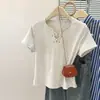 Camiseta de algodón acanalado de color liso para verano, cuello en V con cordones, manga corta, para mujer, corta, hombro normal, corte ajustado, comercio exterior