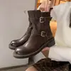 Botas Martin de Cuero de Caballo Lavado para Mujer, Botas de Motocicleta, Nuevas Otoño/Invierno Piel Genuina Punta Redonda Hebilla Desgastada Tacón Medio Botines