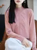 Suéter de Tricô Gola Alta Meia Manga Longa Algodão Puro Novo Outono/Inverno Feminino Cor Sólida Solto Camisa Base Top