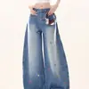 Jeans Versátil de Cintura Alta, Slim-Fit, Confortável e Solto no Estilo de Hong Kong com Bordado de Estrelas e Textura em Forma de Pera