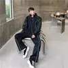 Cardigã casual de outono, jaqueta com gola alta, conjunto esportivo para homens, design solto, calças pantalona fluidas, conjunto de duas peças