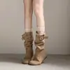 Botas apiladas plisadas estilo Maillard de suela gruesa, de tendencia, que aumentan la altura, estilo coreano 2026, botas de vaquero occidentales, botas de moda retro de media pantorrilla