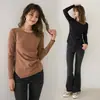 Camiseta básica de punto trenzado irregular de cuello redondo de forro polar, manga larga, otoño e invierno, con forro polar, más grosor, ropa interior elegante, camiseta, top ajustado