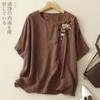 Foto Real da Nova Camiseta Artística Bordada Vintage de Verão 2026 para Mulheres, Blusa Pulôver Solta de Gola Redonda com Manga Curta