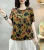Playera Artística de Algodón y Lino para Mujer Top de Color Suelto Casual Retro para Viajar Verano Manga Corta Estampada a la Moda