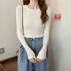 Blusa de punto de manga larga ajustada de color liso con cuello redondo, estilo coreano, para otoño e invierno, al por mayor para mujer, adecuada como prenda exterior y para mantenerse abrigada