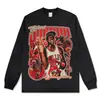 Camiseta de manga curta larga com estampa de trapézio MJ retrô transfronteiriça Moletom com capuz de gola redonda de algodão pesado estilo americano lavado