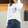 Camiseta Feminina de Algodão Puro com Gola Redonda e Manga Longa, Ombro Direito, Camiseta Básica, Fashionável e Versátil, Estilo Estrangeiro, Top Branco Versátil, Outono e Inverno