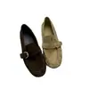 Versión de Piel de Vaca ~ 26 Nuevos Mocasines Retro de Gamuza con Punta Redonda, Plisados y de una Sola Correa para Mujer, Zapatos Individuales de Suela Plana
