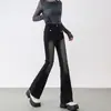 Jeans acampanados negros y grises para mujer, nuevo estilo de otoño, talla grande, de cintura alta, elásticos, adelgazantes, adecuados para cuerpo tipo pera