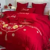 Juego de Cama de Boda de Cuatro Piezas, Algodón Puro de Boda, Sábana de Cama Rojo Brillante para Recién Casados, Funda de Edredón, Ropa de Cama de Boda