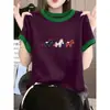 2026 Verão Item Quente Bloco de Cores Gola Manga Curta com Ombro Normal Camiseta Feminina Casual Moda Versátil Top Camada Base Estilo Tendência