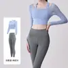 Top de Malla Hueca Falso de Dos Piezas Manga Larga Pantalones Deportivos de Nueve Puntos para Yoga Traje de Fitness Traje de Yoga sin Sujetador