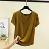 Camiseta sencilla y versátil de cuello en U y manga corta estilo coreano para mujer, camiseta básica de modal de talla grande para verano, top holgado