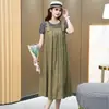 Vestido de Algodón Tencel Estilo Nuevo 2025 con Diseño Falso de Dos Piezas, Oculta el Abdomen, Elegante Atuendo para Mamá de Mediana Edad, Corte Holgado, Efecto Adelgazante
