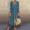2024 Amazon Wish Otoño e Invierno Europeo y Americano Cuello en V Manga Larga Retro Estampado Falso de Dos Piezas Vestido para Mujer Falso de Dos Piezas
