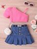 Amazon cross-border roupas infantis meninas colete de cor sólida top sem mangas Denim bolsa aberta saia plissada terno cinto