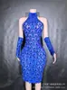 Vestido de Noche para Cóctel Sexy de Malla Transparente a Cuadros con Escote Alto sin Mangas y Brillantes de Pedrería Estilo Europeo y Americano