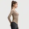 Top de Yoga Sem Costura com Decote em V e Manga Longa, com Cintura Franzida para Efeito Emagrecedor, Top Esportivo Fitness Justo