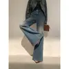 Jeans Vintage Lavado Azul para Mulheres 2025 Tendência Versátil Moda Outono e Inverno Calças Wide Leg Boca de Sino Comprimento Total