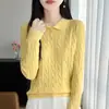 Suéter de Tricô com Gola Polo e Ponto Trançado Feminino Retrô Aran Slim Manga Longa Outono Inverno Camada Base
