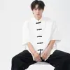 Direto da Fábrica Novo Estilo Chinês Jacquard Manga Curta Terno Tang Solto Estilo Nacional Botão de Rã Camisa com Sensação Gola Redonda Gola Alta Cardigan Masculino