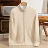 Suéter masculino de cashmere com gola semi-alta, cardigã com zíper, suéter de tricô trançado, casaco masculino liso espesso para outono e inverno