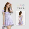 Maiô Kaixinyuan Feminino com Decote Quadrado, Mangas Pequenas Volumosas, Estampa Floral, Peça Única, Mangas Folha de Lótus, Emagrecedor e Disfarçador, Maiô Conservador para Resort e Fontes Termais