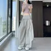 Cordón elegante, dobladillo con volantes, pantalones de pierna ancha, pantalones largos de corte holgado, pantalones casuales para mujer, colección de otoño, cintura alta, gris, corte relajado