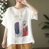 2023 Nuevo Verano Retro Literario Estampado Algodón y Lino Tops para Mujer Suelto Cuello Redondo Manga Corta Camiseta Versátil Jersey t