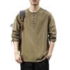 Camiseta Masculina Manga Longa Gola Henry Lavada Vintage Pesada Estilo Americano Loose Moda Marca Outono Camisa Base Suéter Moda