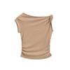 Camiseta Ombro a Ombro de Manga Curta para Garota Quente Design de Nicho Ombro Inclinado Torcido Plissado Curto de Cintura Alta Top Que Deixa a Barriga à Mostra
